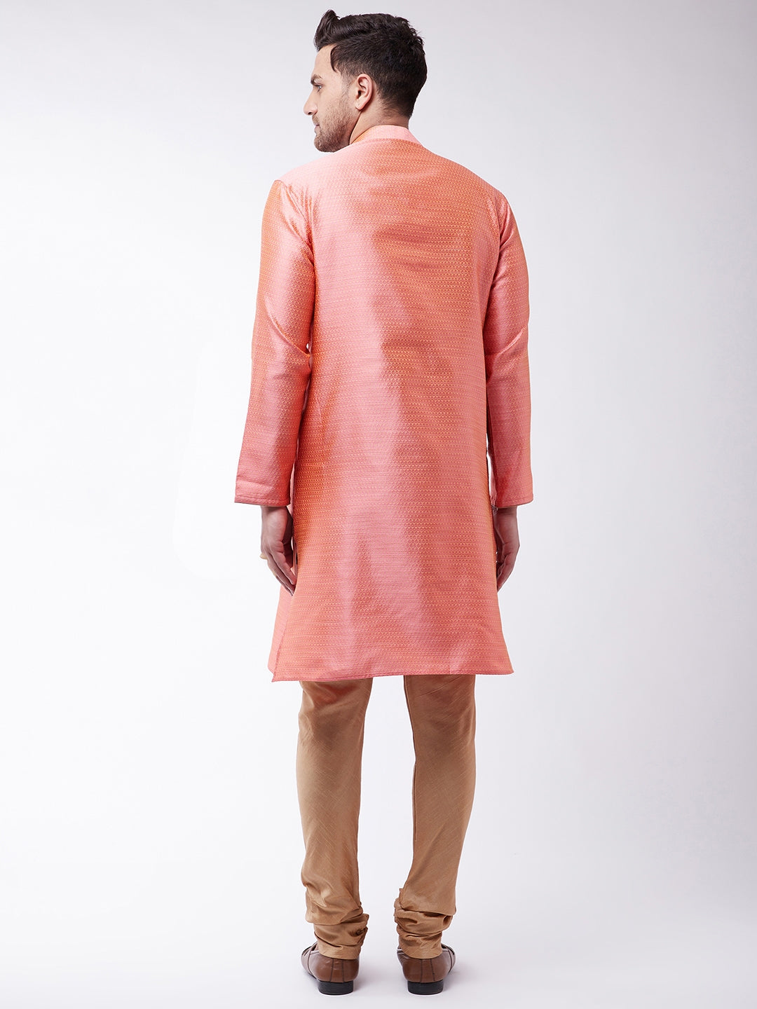Vastramay Men's Pink And Rose Gold Silk Blend Kurta With Churidar Set - PUSHMYCART