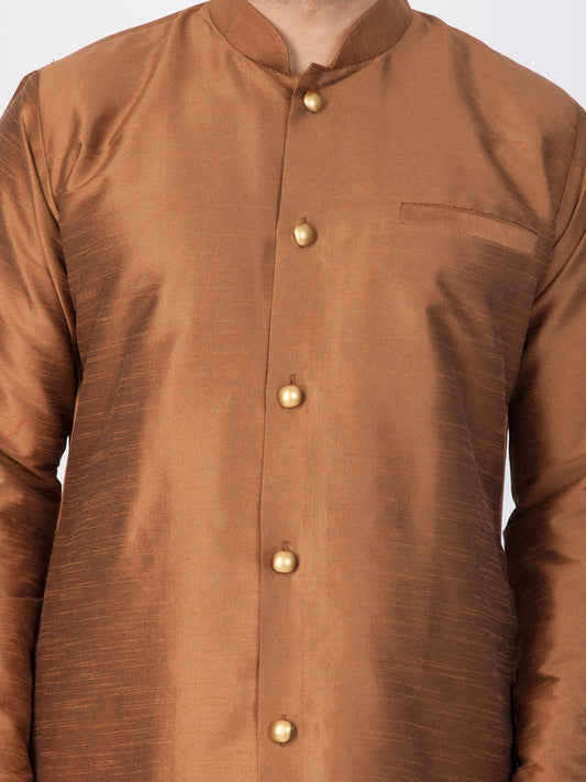 VASTRAMAY Men's Brown Cotton Silk Blend Sherwani Set - PUSHMYCART