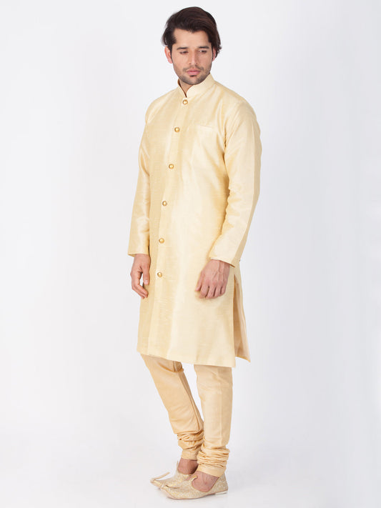 VASTRAMAY Men's Gold Silk Blend Sherwani Set - PUSHMYCART