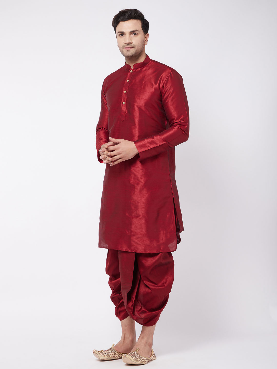 Vastramay Men's Maroon Silk Blend Kurta And Dhoti Set - PUSHMYCART