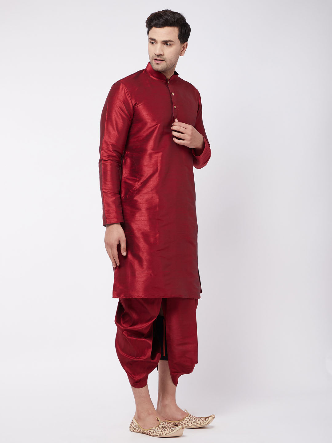 Vastramay Men's Maroon Silk Blend Kurta And Dhoti Set - PUSHMYCART