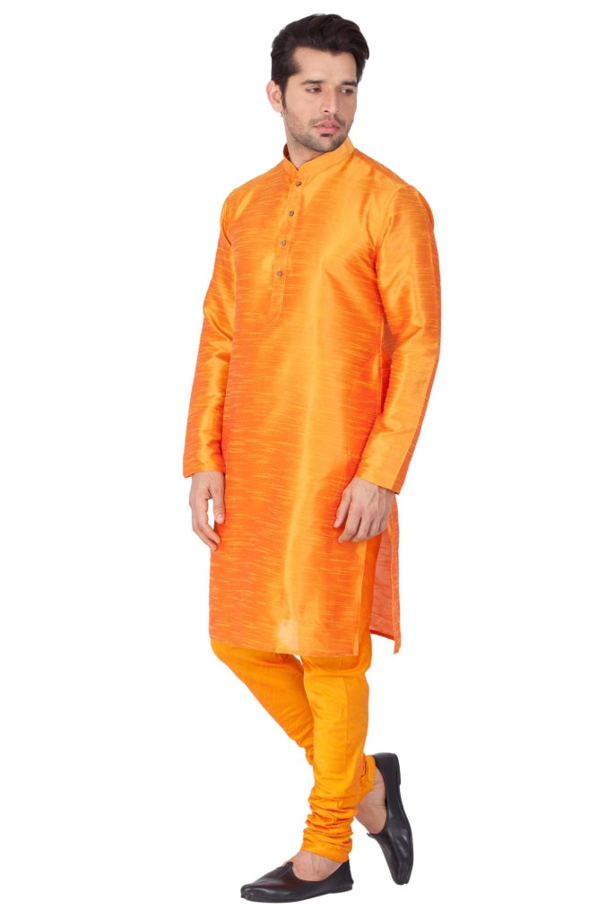 Vastramay Men's Orange Cotton Silk Blend Kurta and Pyjama Set - PUSHMYCART
