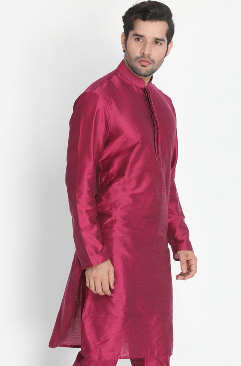 Vastramay Men's Fuchsia Cotton Silk Blend Kurta - PUSHMYCART