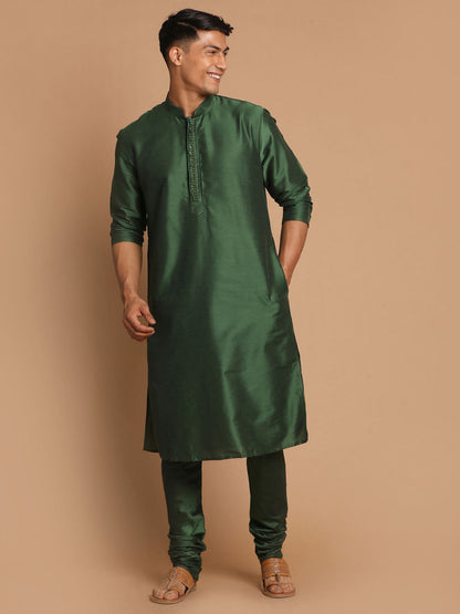 Vastramay Men's Green Cotton Silk Blend Kurta - PUSHMYCART