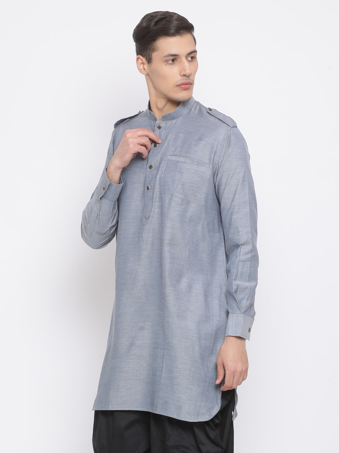 Vastramay Men's Grey Cotton Blend Kurta - PUSHMYCART