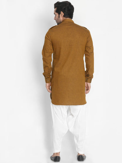VASTRAMAY Men's Brown Cotton Blend Kurta and Patiala Set - PUSHMYCART