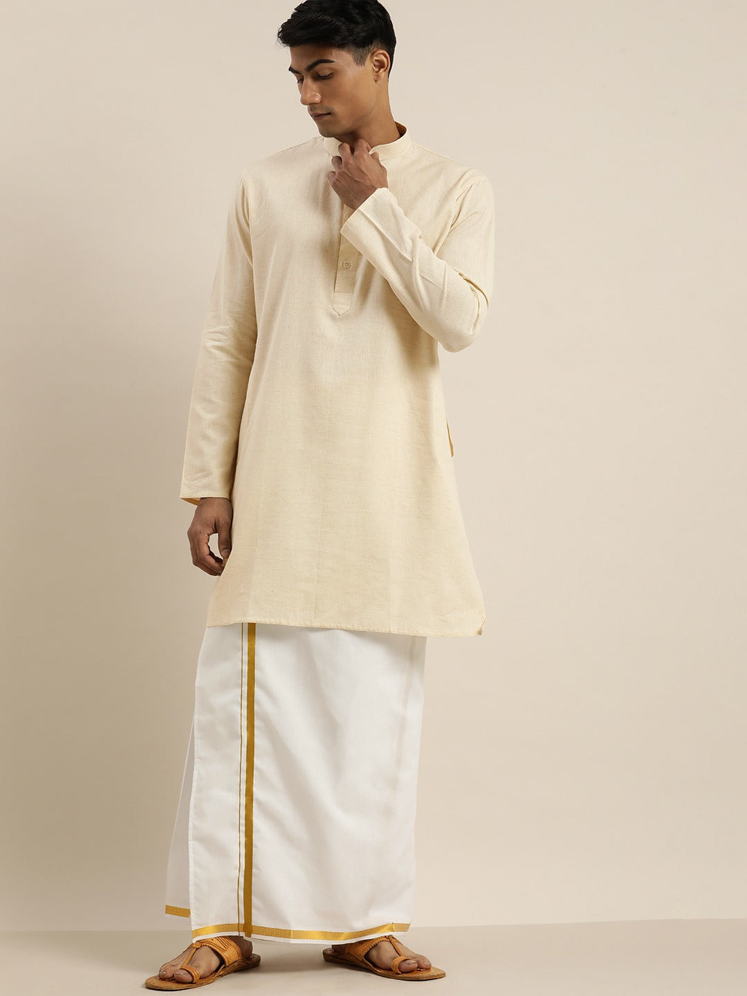 Vastramay Men Cream Pure Cotton Kurta with Mundu - PUSHMYCART