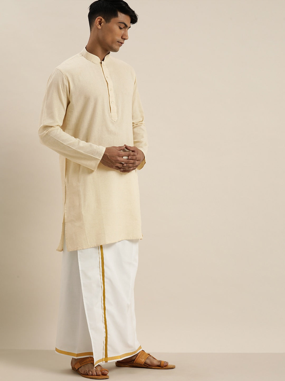 Vastramay Men Cream Pure Cotton Kurta with Mundu - PUSHMYCART