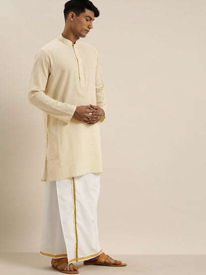 Vastramay Men Cream Pure Cotton Kurta with Mundu - PUSHMYCART