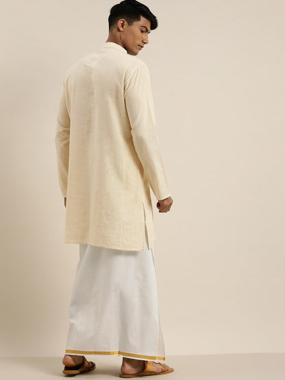 Vastramay Men Cream Pure Cotton Kurta with Mundu - PUSHMYCART