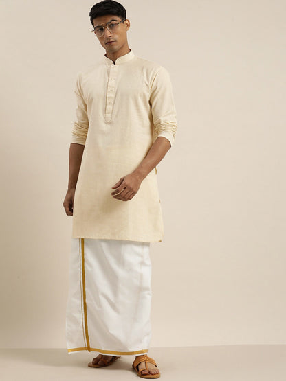 Vastramay Men Cream Pure Cotton Kurta with Mundu - PUSHMYCART