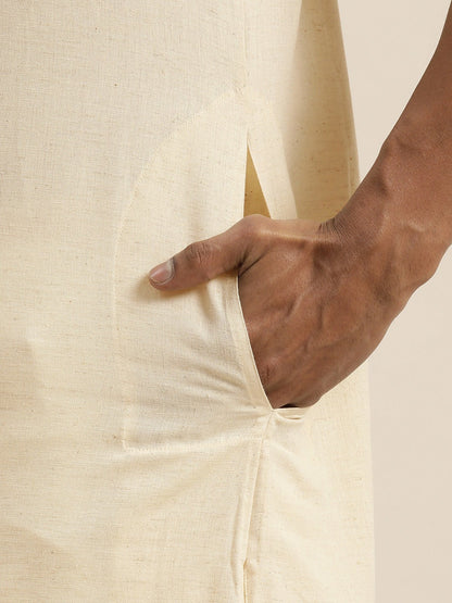 Vastramay Men Cream Pure Cotton Kurta with Mundu - PUSHMYCART