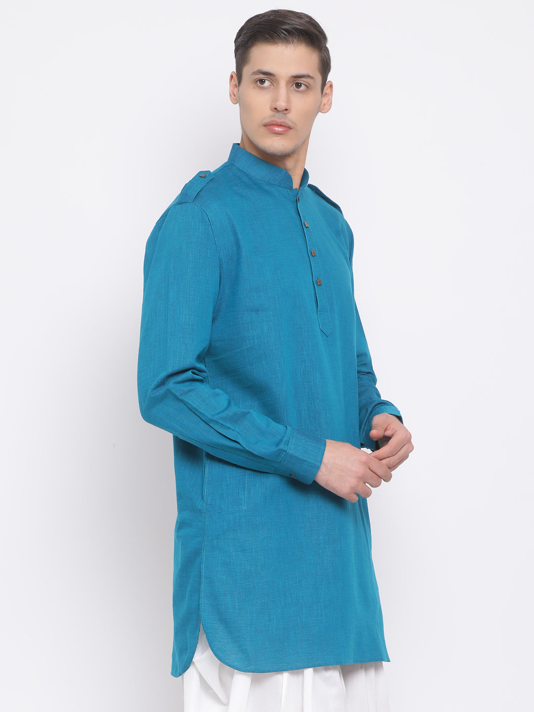 mens turquoise blue cotton blend kurta
