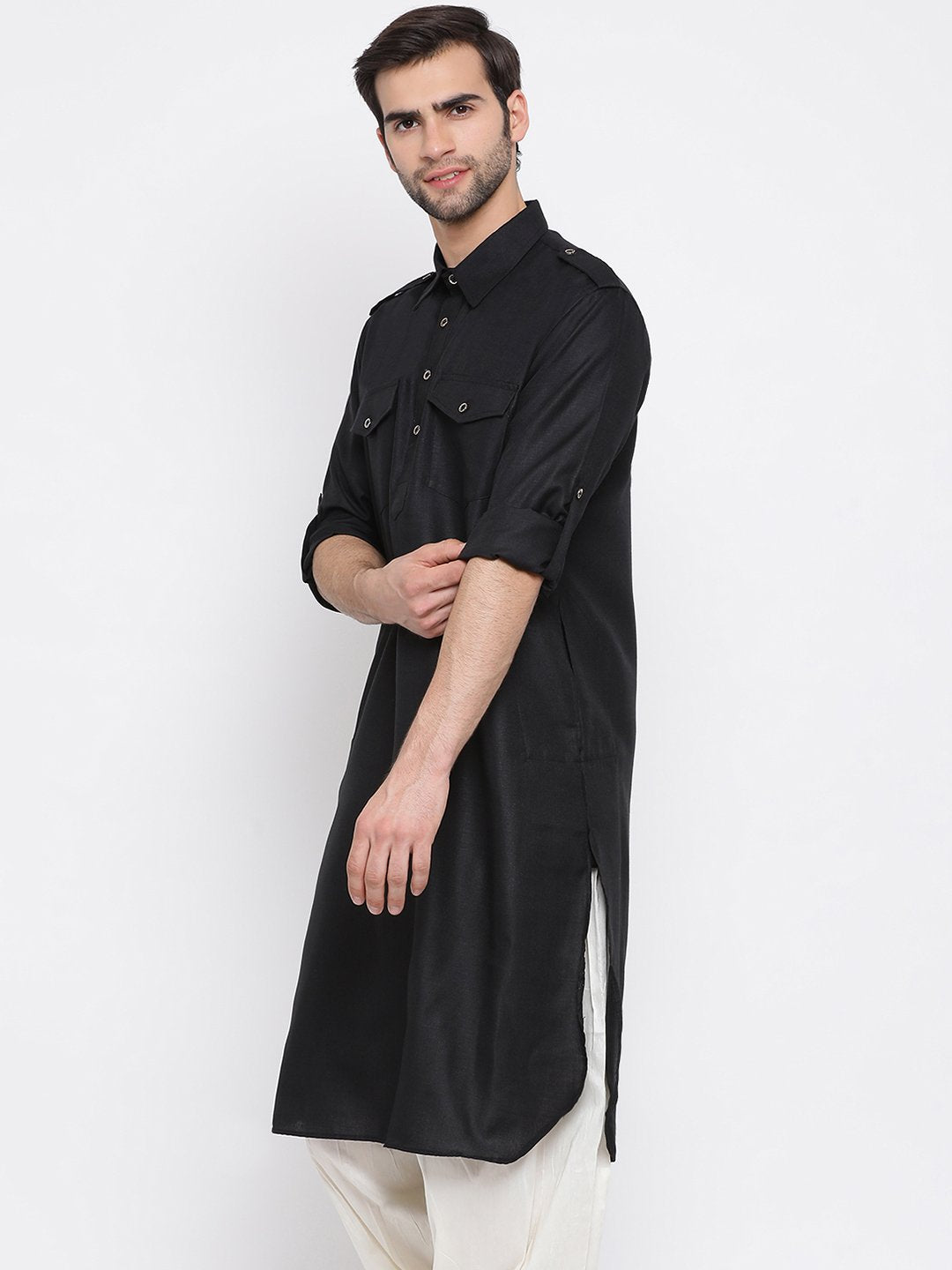 Vastramay Men's Black Cotton Blend Pathani Style Kurta - PUSHMYCART