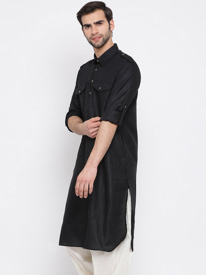Vastramay Men's Black Cotton Blend Pathani Style Kurta - PUSHMYCART