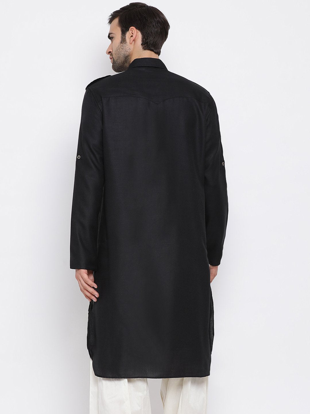Vastramay Men's Black Cotton Blend Pathani Style Kurta - PUSHMYCART