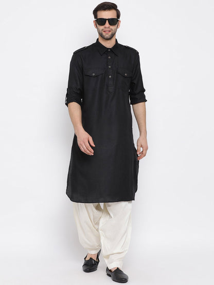 Vastramay Men's Black Cotton Blend Pathani Style Kurta - PUSHMYCART