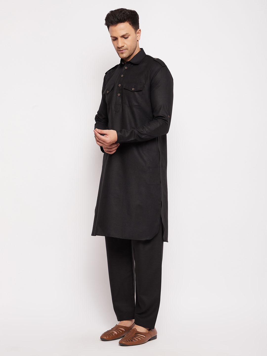 Vastramay Men's Black Pathani Suit Set - PUSHMYCART
