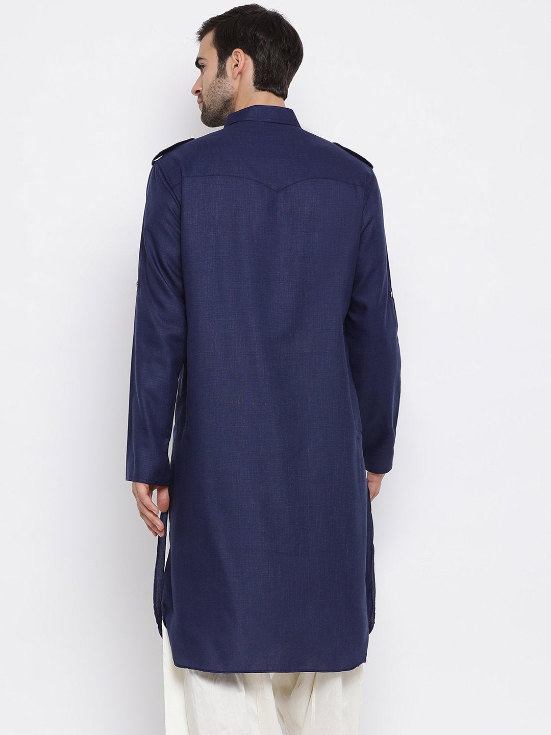 Vastramay Men's Blue Cotton Blend Pathani Style Kurta - PUSHMYCART