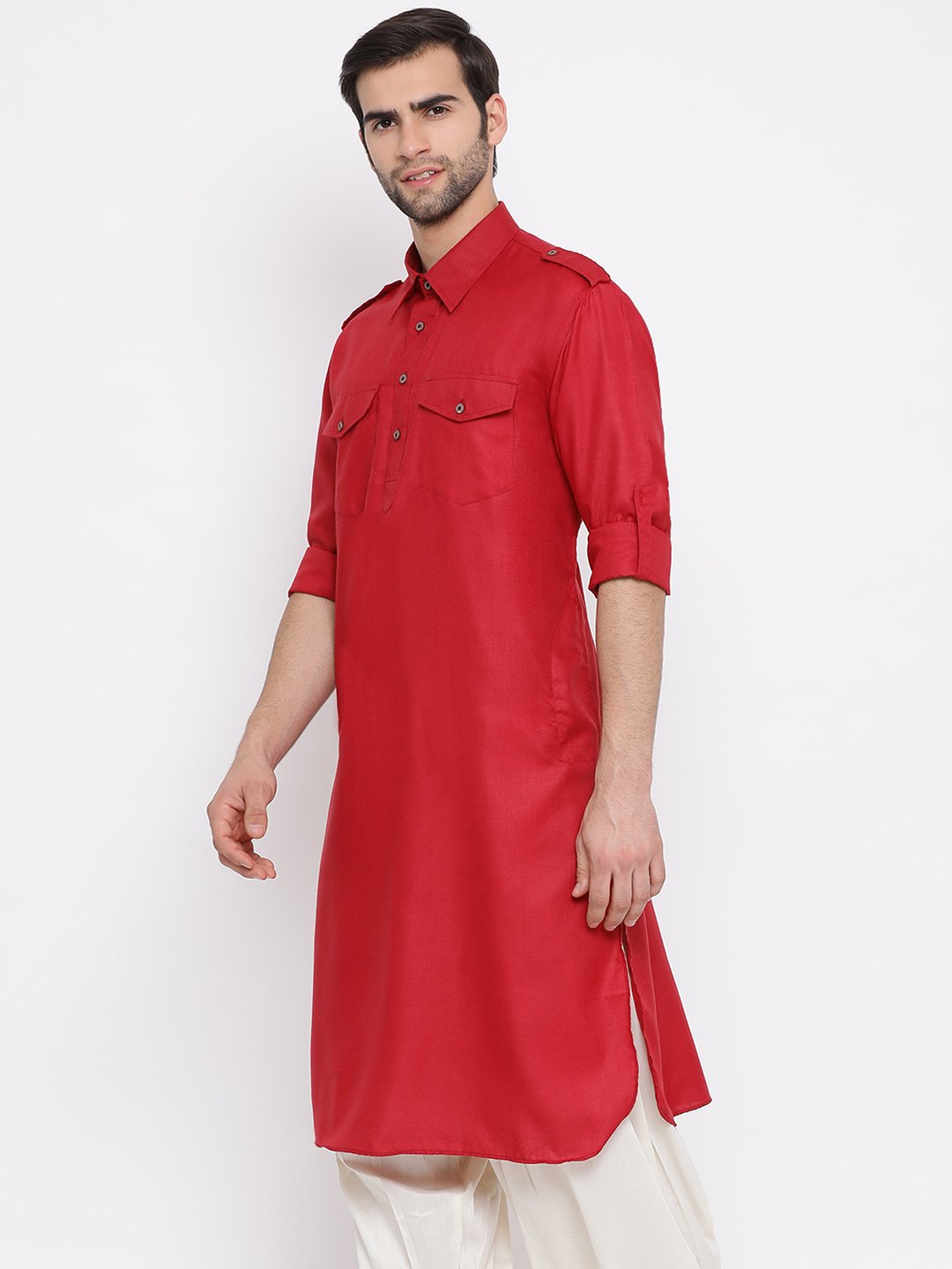 Vastramay Men's Maroon Cotton Blend Pathani Style Kurta - PUSHMYCART