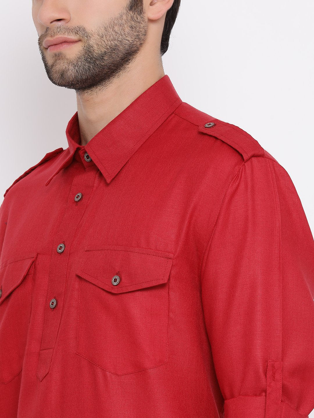 Vastramay Men's Maroon Cotton Blend Pathani Style Kurta - PUSHMYCART