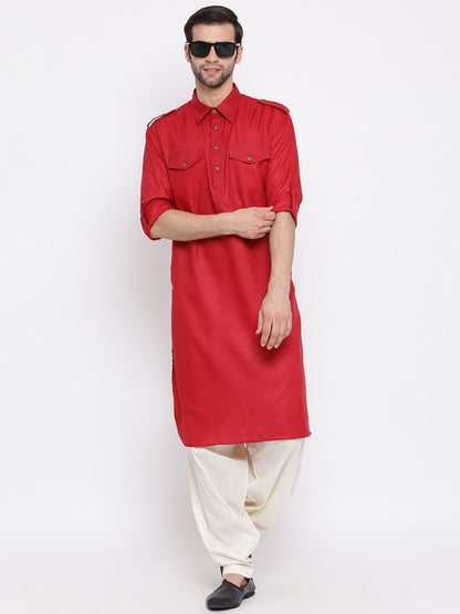 Vastramay Men's Maroon Cotton Blend Pathani Style Kurta - PUSHMYCART