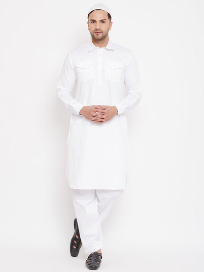 vastramay mens white cotton blend pathani kurta set