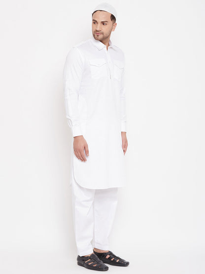vastramay mens white cotton blend pathani kurta set