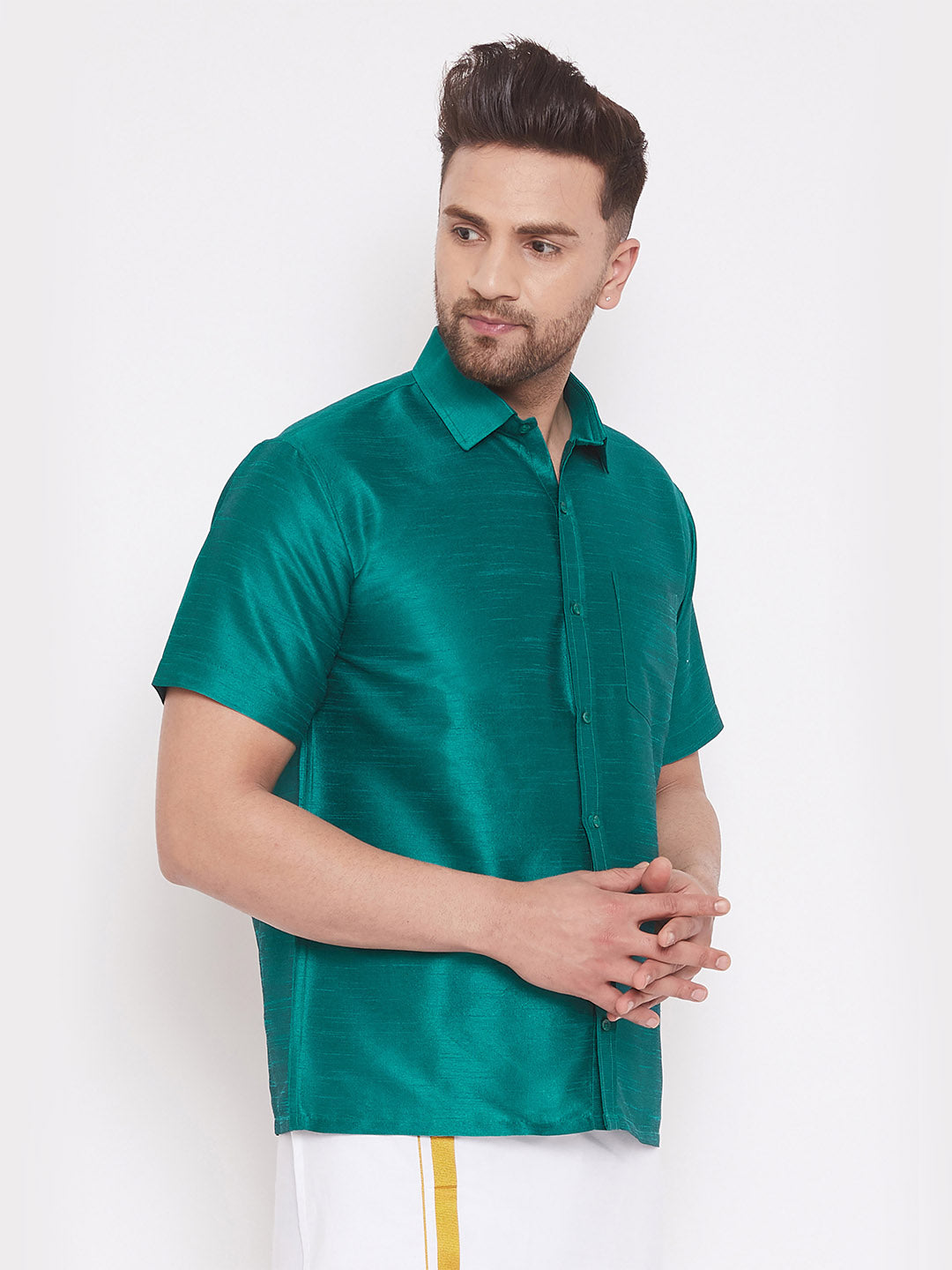 Vastramay Men's Green Silk Blend Ethnic Shirt - PUSHMYCART