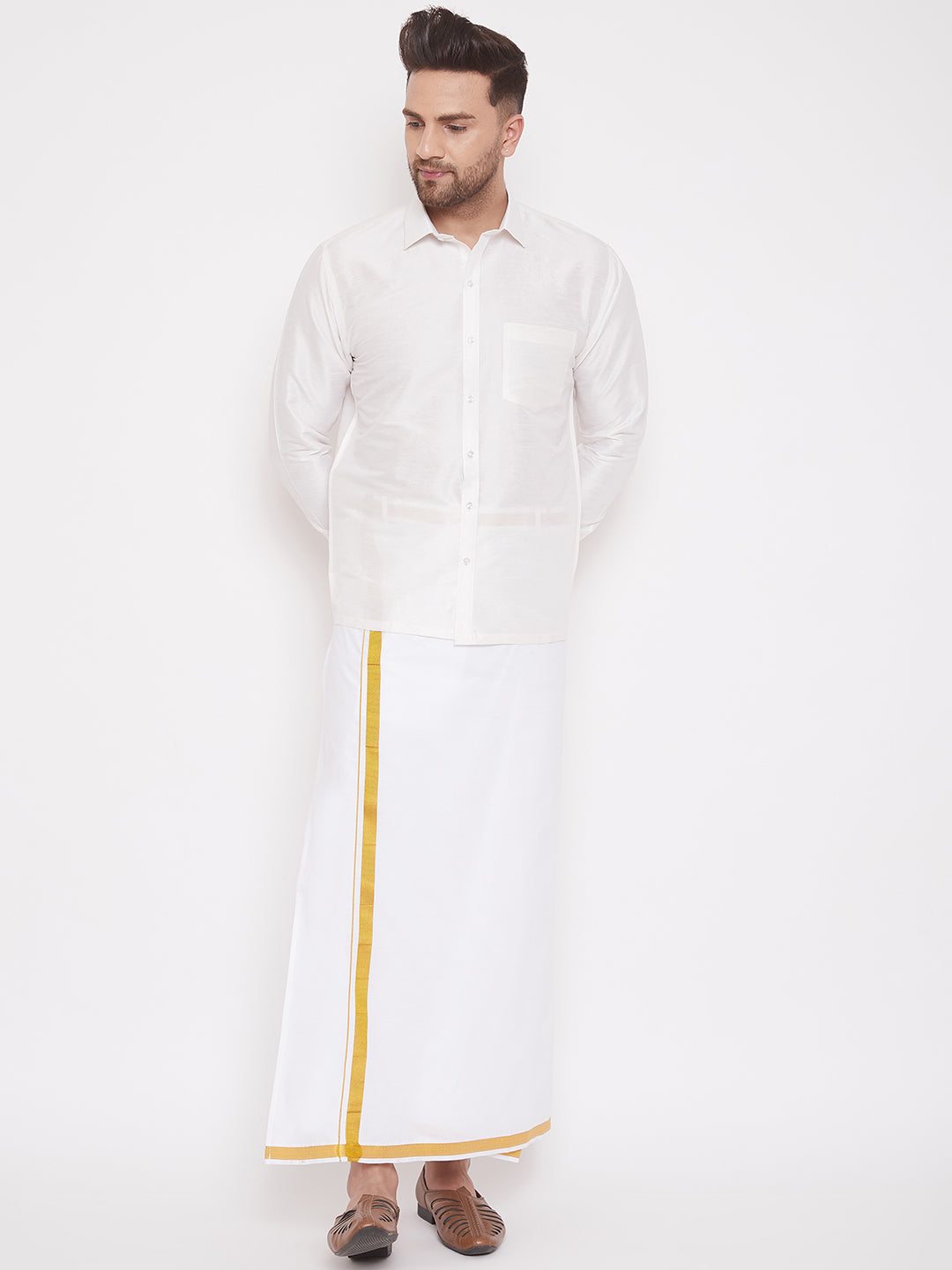 Vastramay Vastramay Men's White Silk Blend Ethnic Shirt - PUSHMYCART