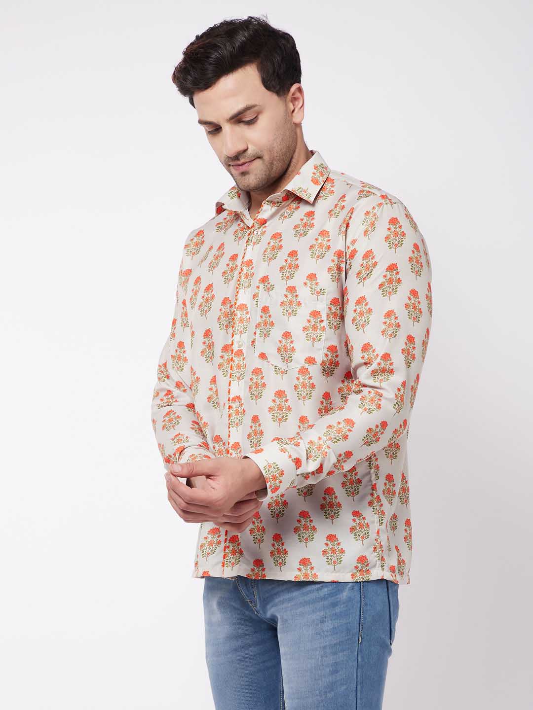 Vastramay Men's Multicolor-Base-Beige Ethnic Shirt - PUSHMYCART
