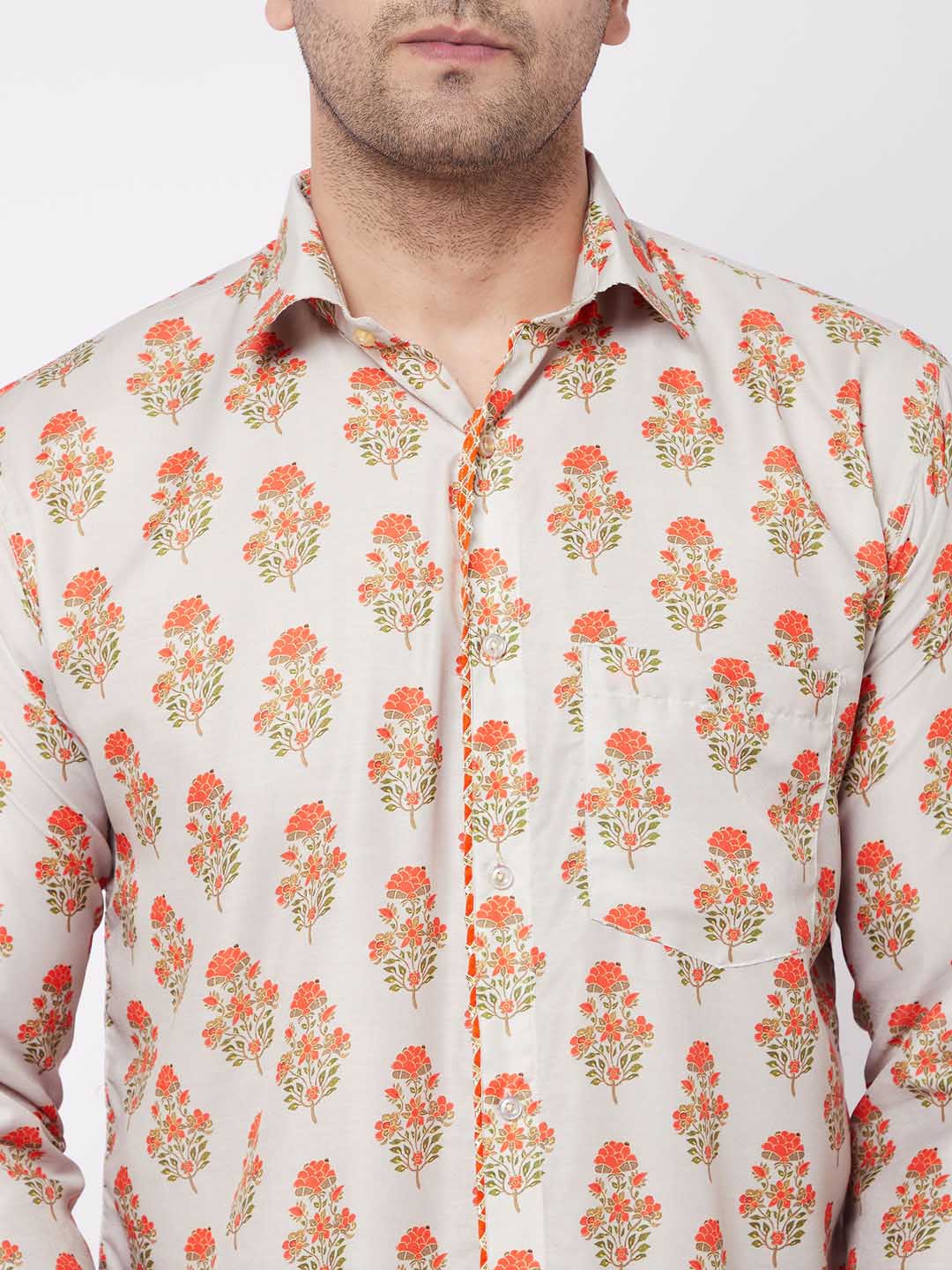 Vastramay Men's Multicolor-Base-Beige Ethnic Shirt - PUSHMYCART