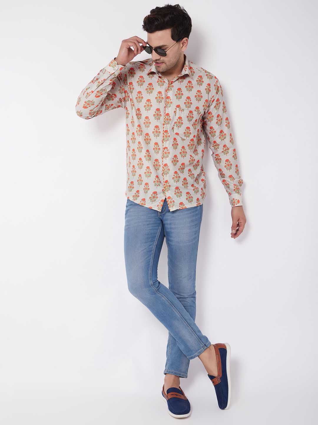 Vastramay Men's Multicolor-Base-Beige Ethnic Shirt - PUSHMYCART