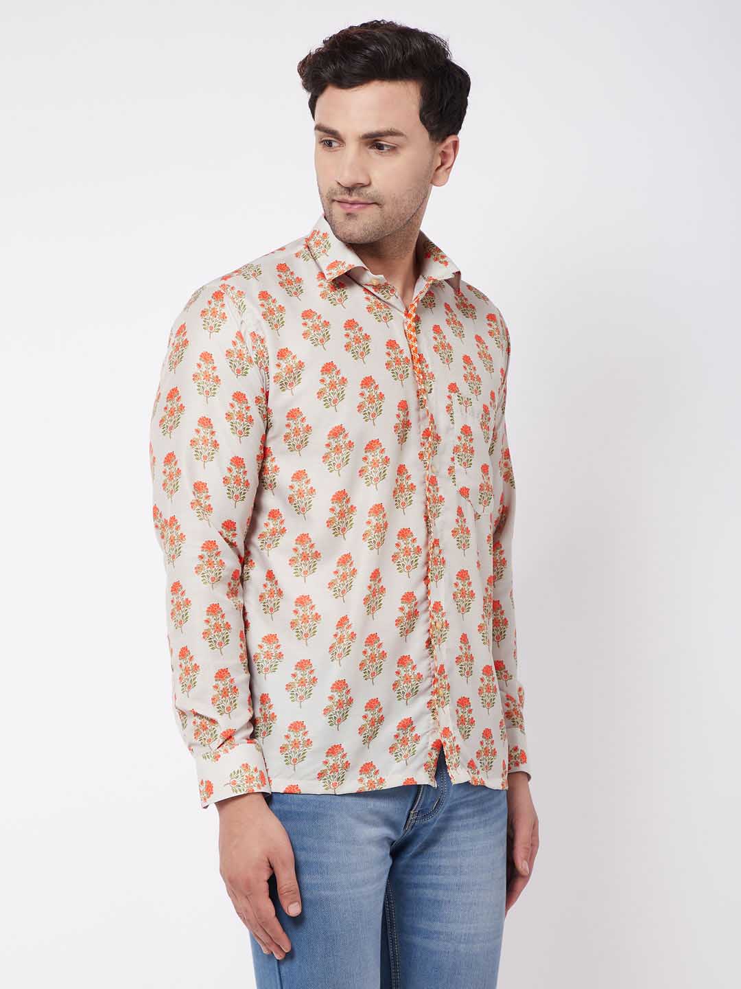 Vastramay Men's Multicolor-Base-Beige Ethnic Shirt - PUSHMYCART