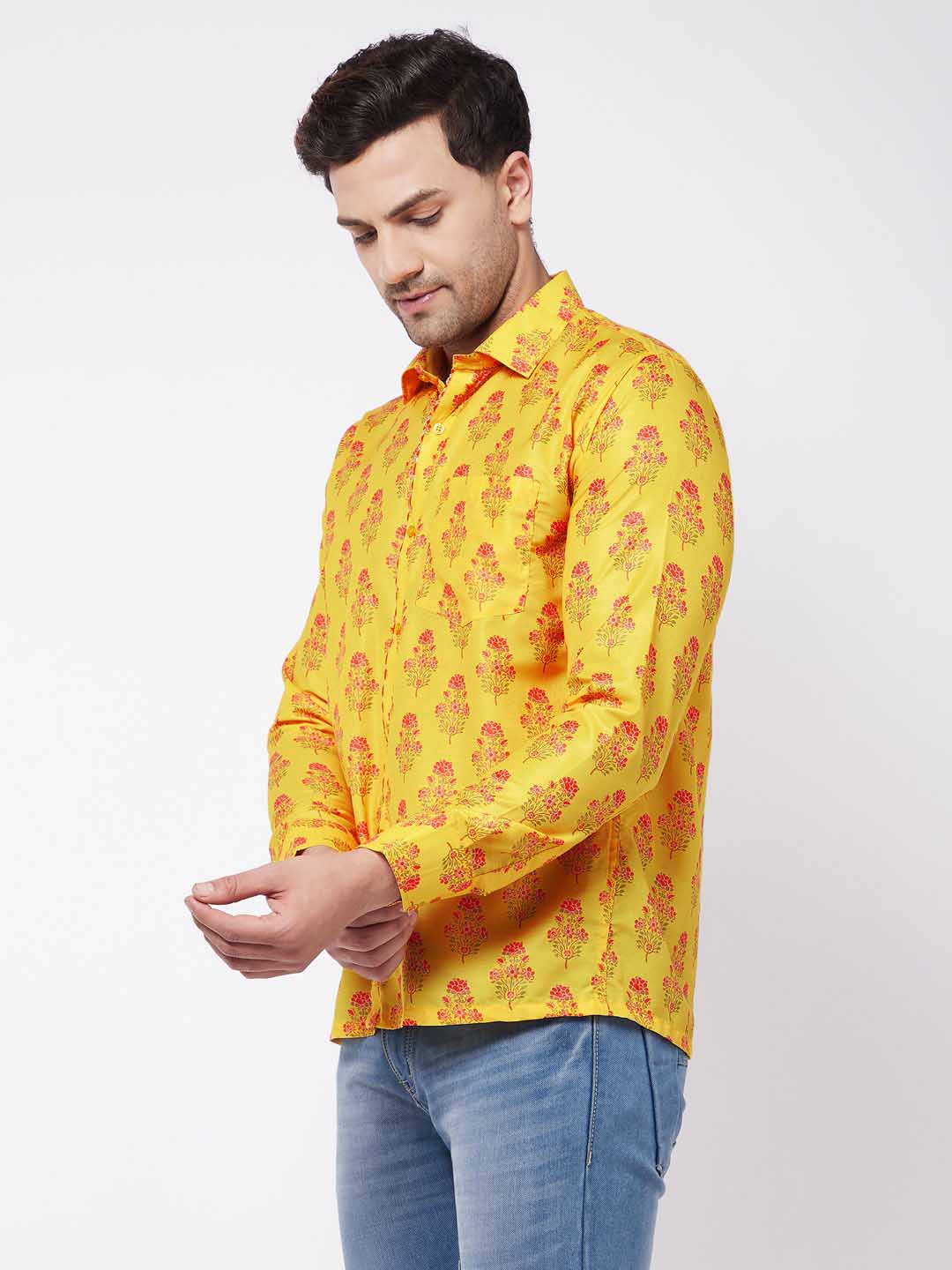 Vastramay Men's Multicolor-Base-Orange Ethnic Shirt - PUSHMYCART