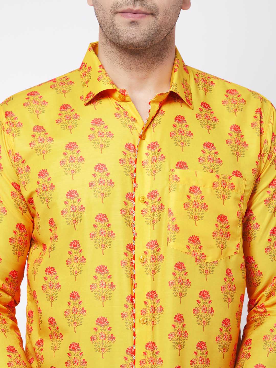 Vastramay Men's Multicolor-Base-Orange Ethnic Shirt - PUSHMYCART