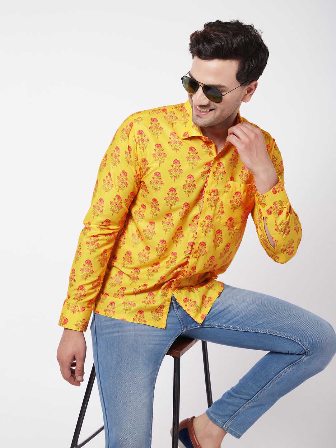 Vastramay Men's Multicolor-Base-Orange Ethnic Shirt - PUSHMYCART