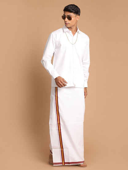 Vastramay Men's White Pure Cotton Shirt And Mundu Set - PUSHMYCART