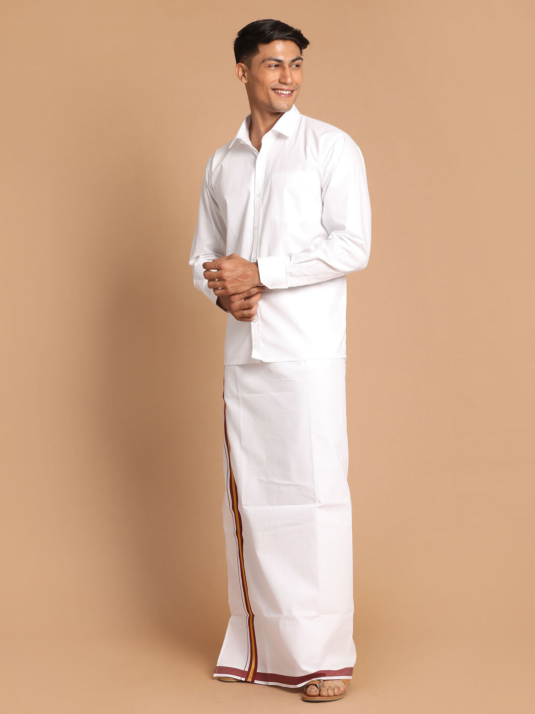 Vastramay Men's White Pure Cotton Shirt And Mundu Set - PUSHMYCART