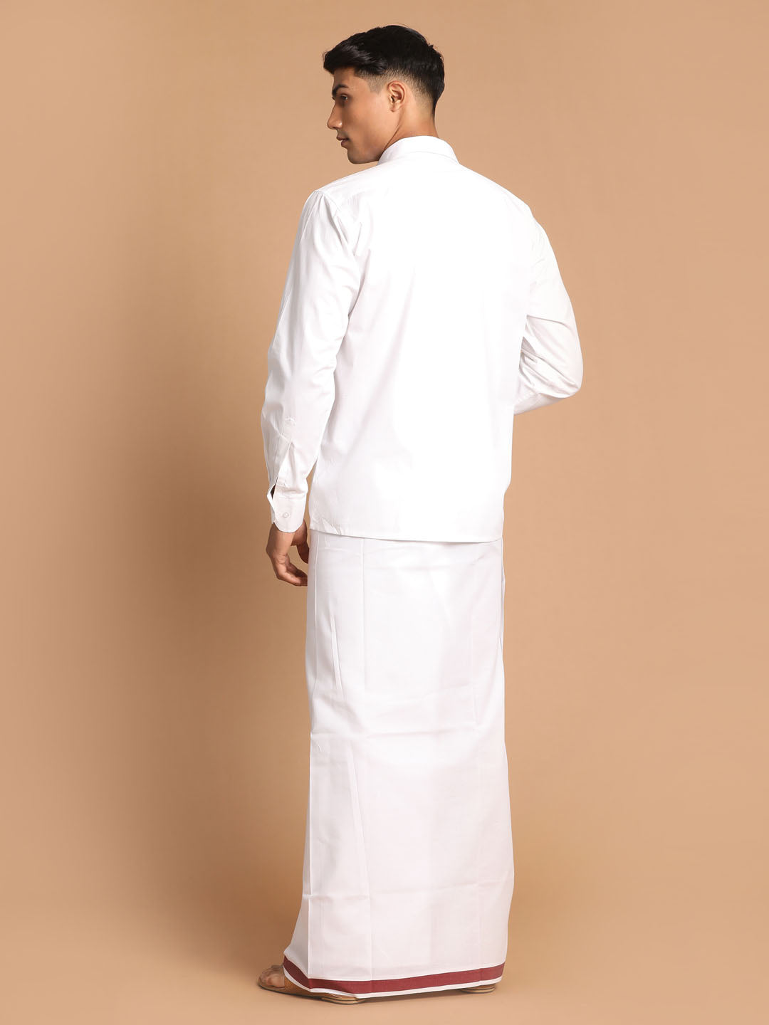 Vastramay Men's White Pure Cotton Shirt And Mundu Set - PUSHMYCART