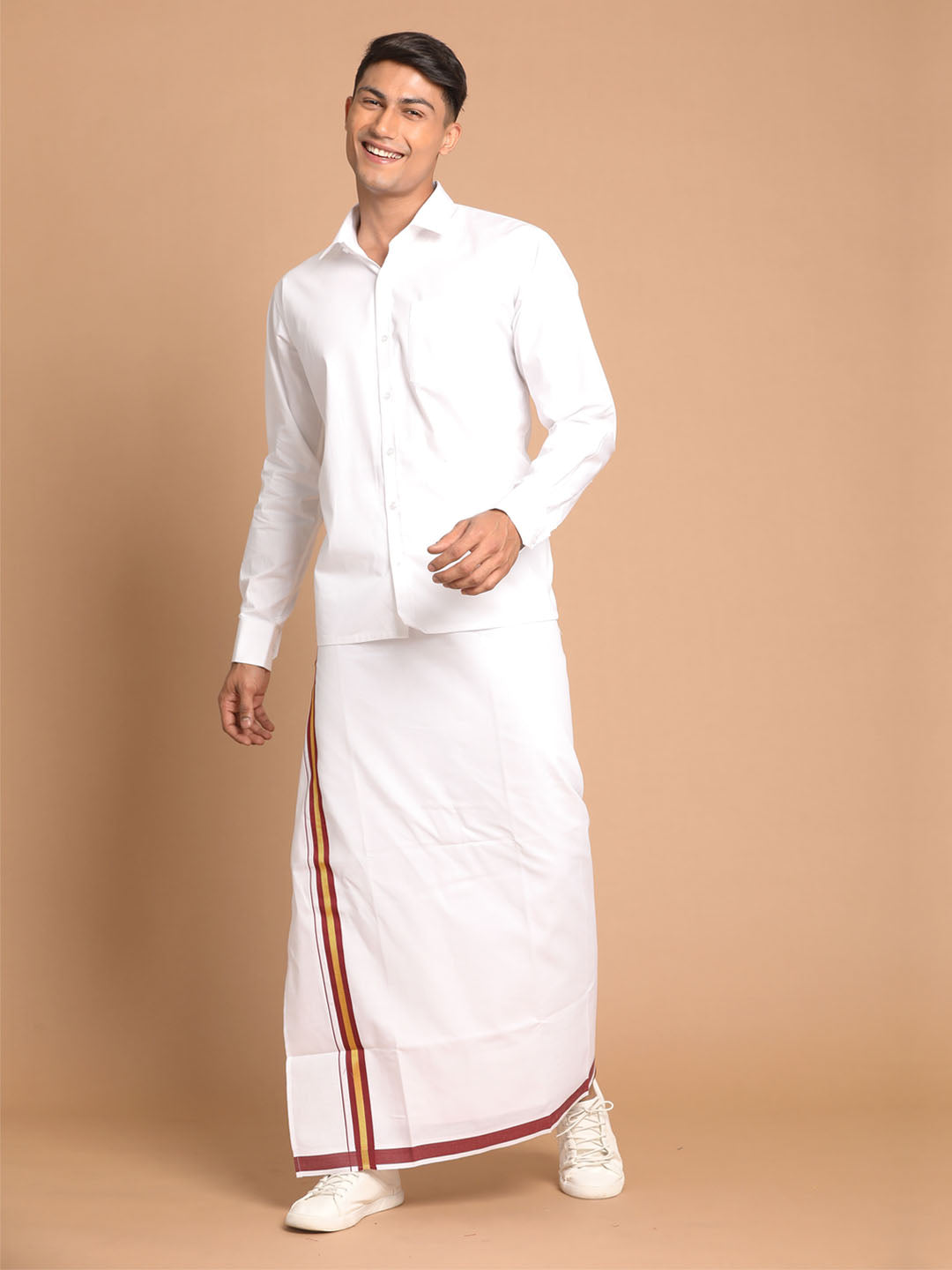 Vastramay Men's White Pure Cotton Shirt And Mundu Set - PUSHMYCART
