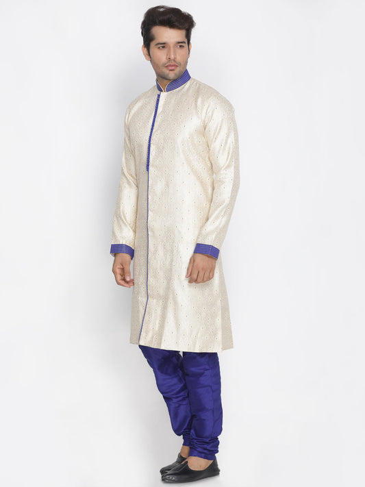 VASTRAMAY Men's Gold And Blue Silk Blend Sherwani Set - PUSHMYCART