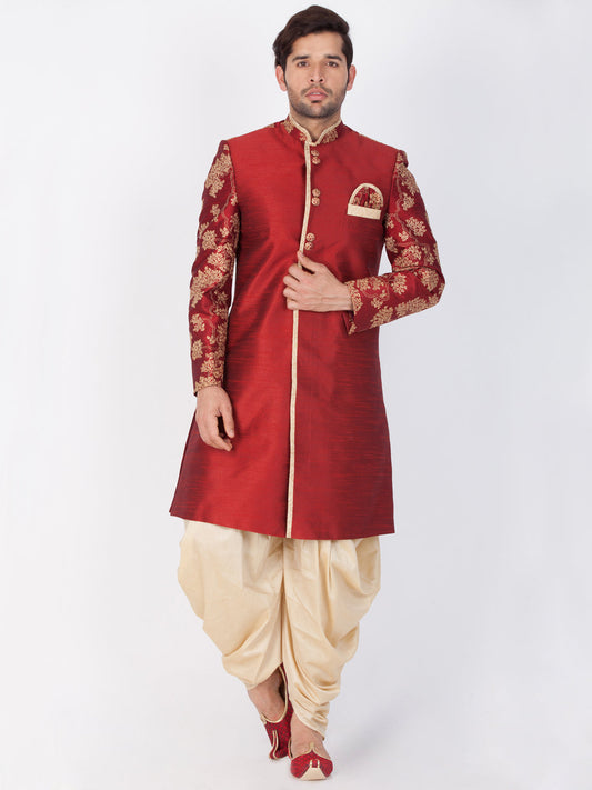 VM By VASTRAMAY Men's Maroon Silk Blend Sherwani Set