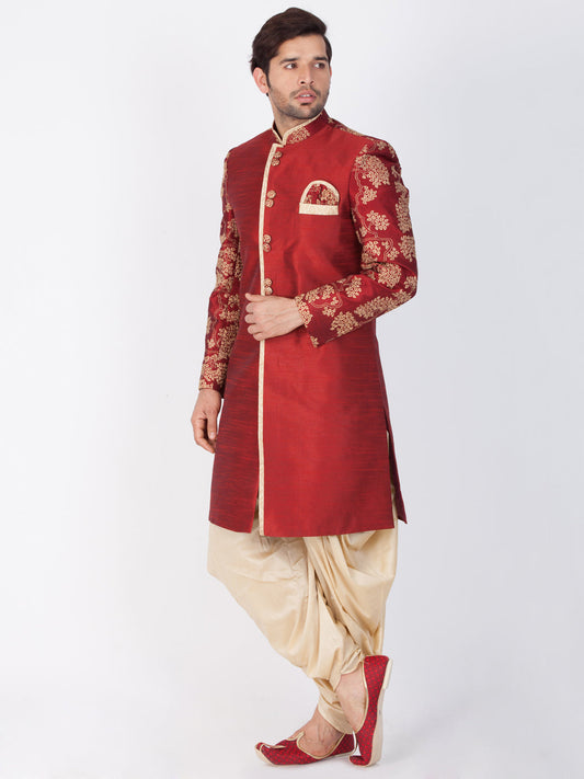 Vastramay Men's Maroon Silk Blend Sherwani Set - PUSHMYCART