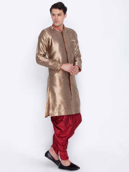 VASTRAMAY Men's Gold Cotton Silk Blend Sherwani Set - PUSHMYCART