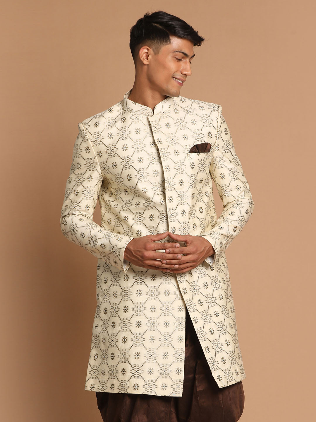 Vastramay Men's Beige Color Silk Blend Sherwani Top - PUSHMYCART