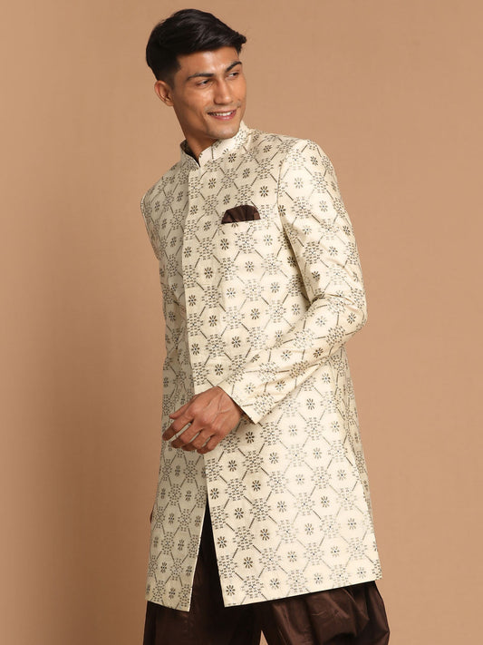 Vastramay Men's Beige Color Silk Blend Sherwani Top - PUSHMYCART