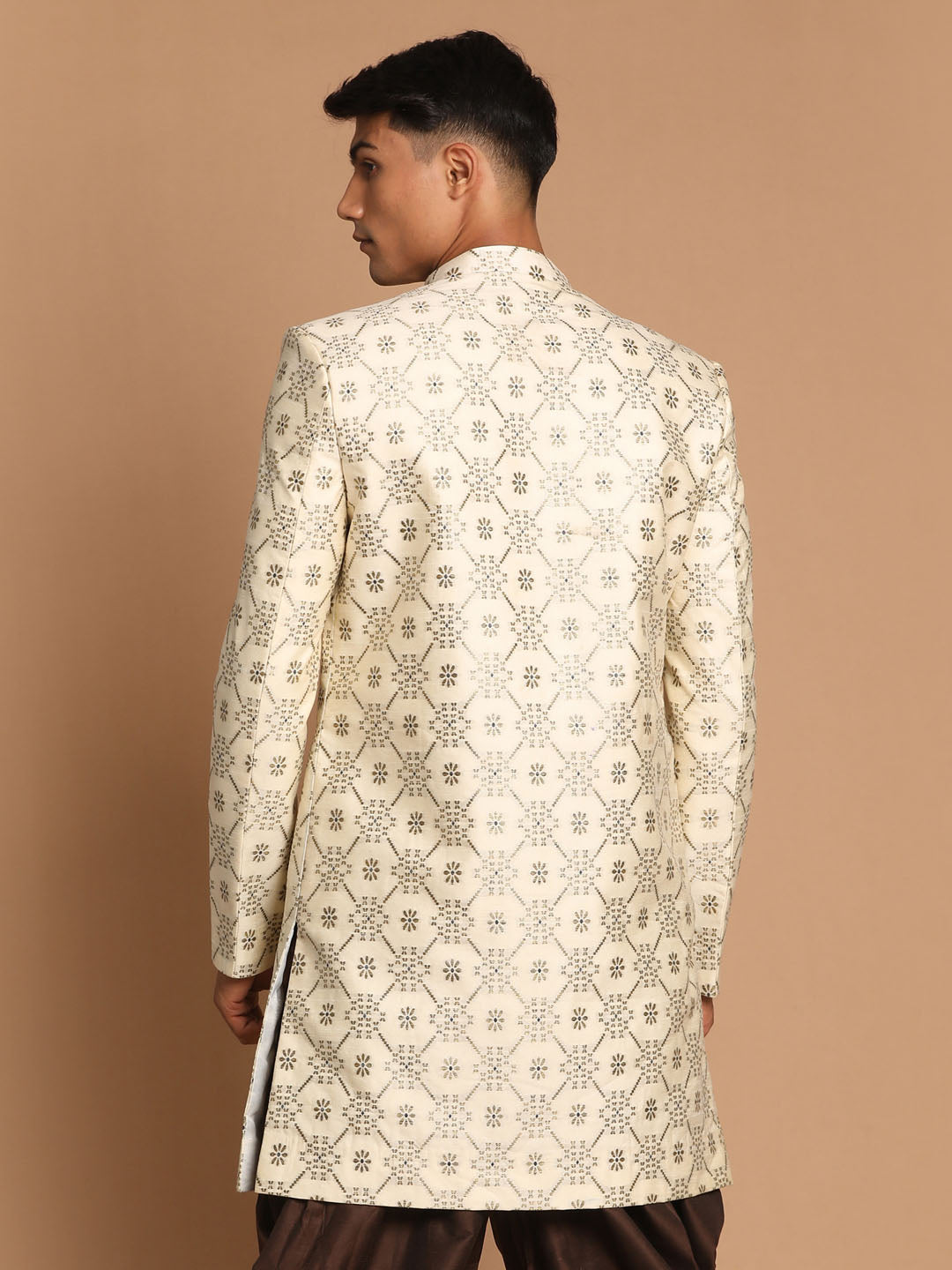 Vastramay Men's Beige Color Silk Blend Sherwani Top - PUSHMYCART