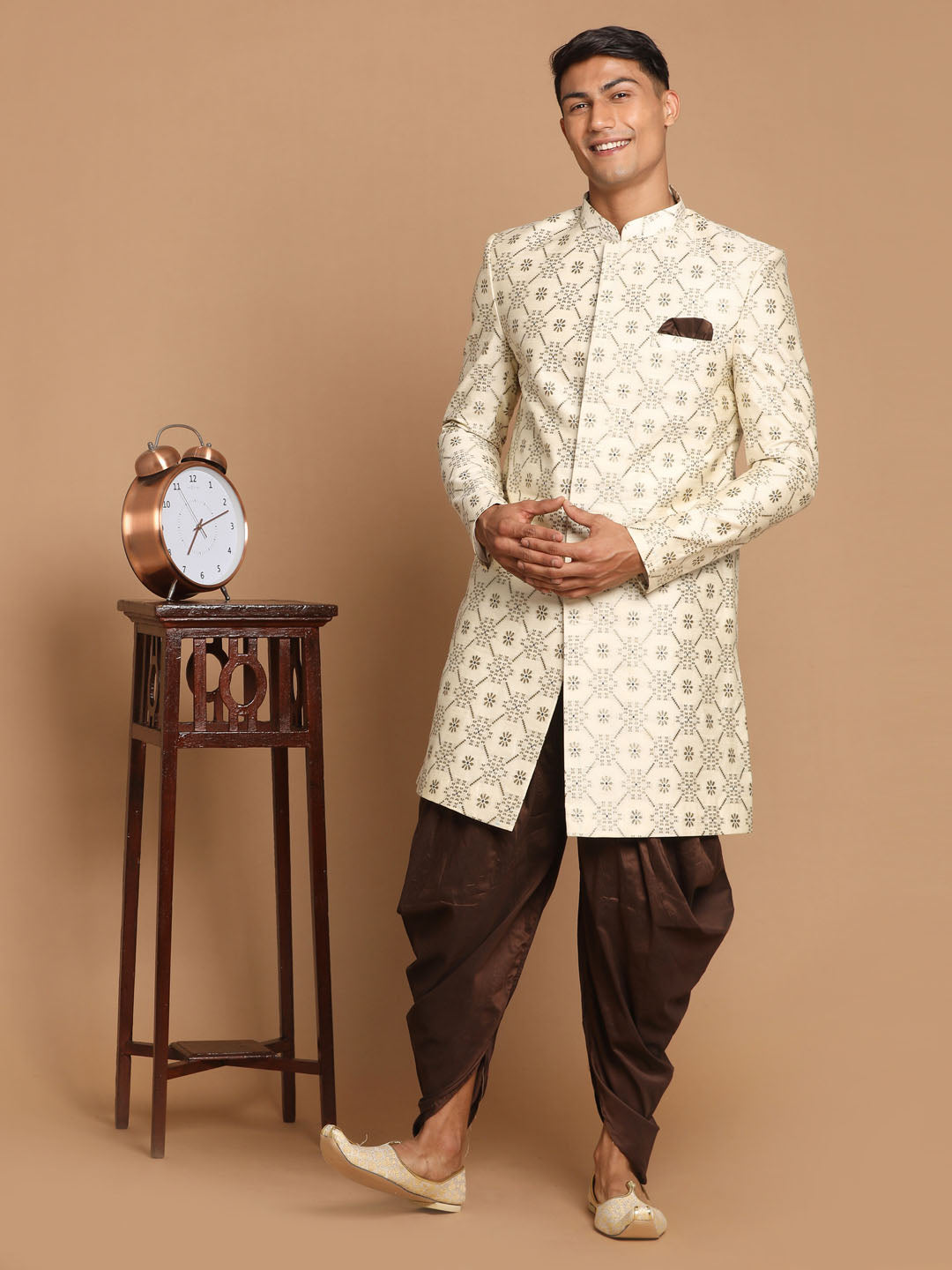 Vastramay Men's Beige Color Silk Blend Sherwani Top - PUSHMYCART