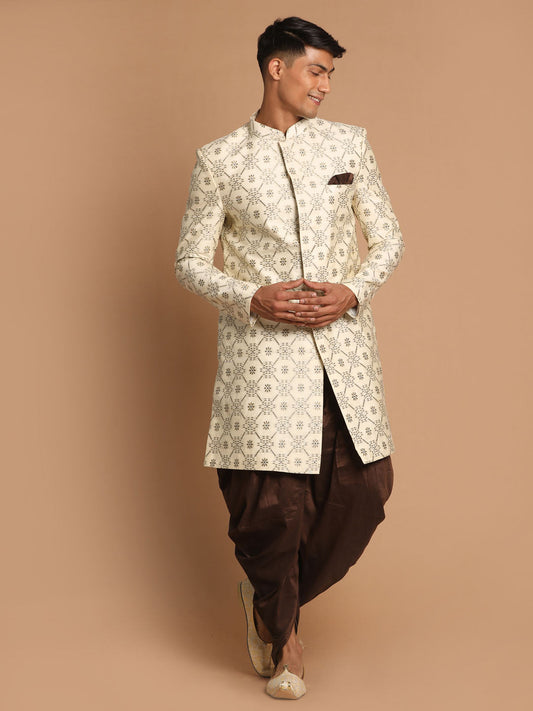 Vastramay Men's Beige And Coffee Silk Blend Royal Looking Sherwani Set - PUSHMYCART